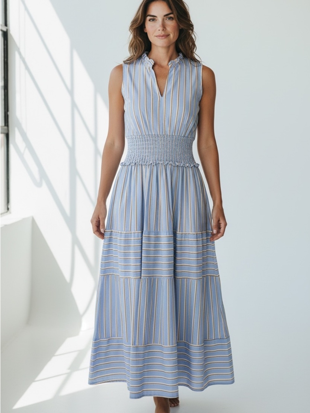 Shoshanna Blue and Tan Striped Smocked-Waist Maxi Dress